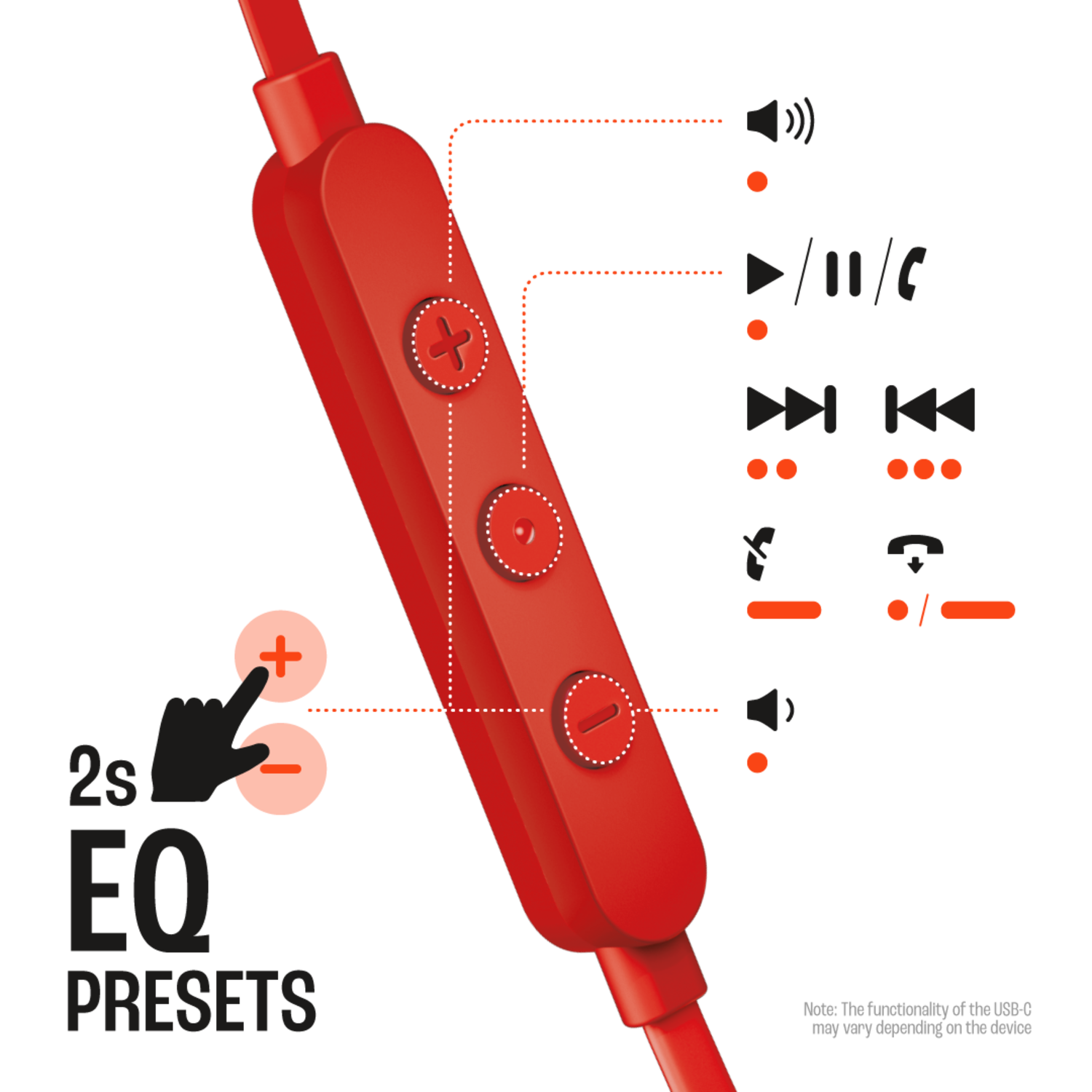 Red headset remote control with volume, play/pause, and EQ preset buttons, on black.