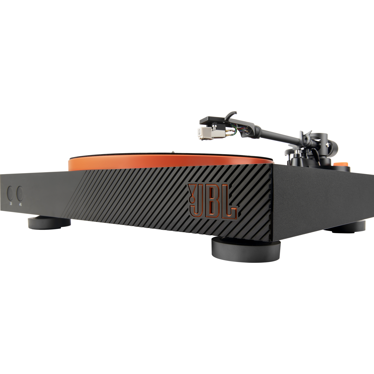 Zwarte JBL platenspeler op een zwarte basis, met oranje draaiplateau en JBL logo.