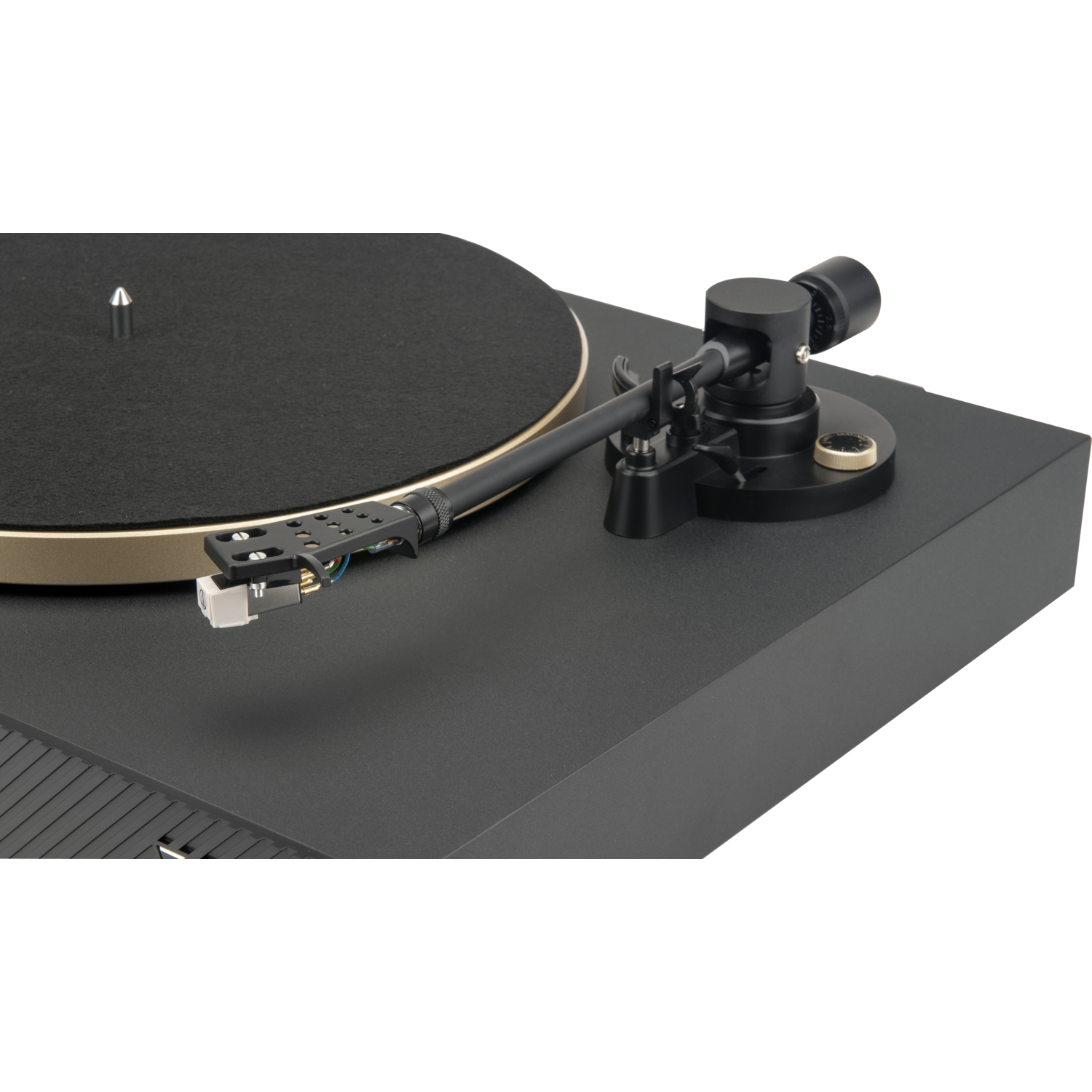 A black turntable with a black vinyl record. The tone arm is black and gold.