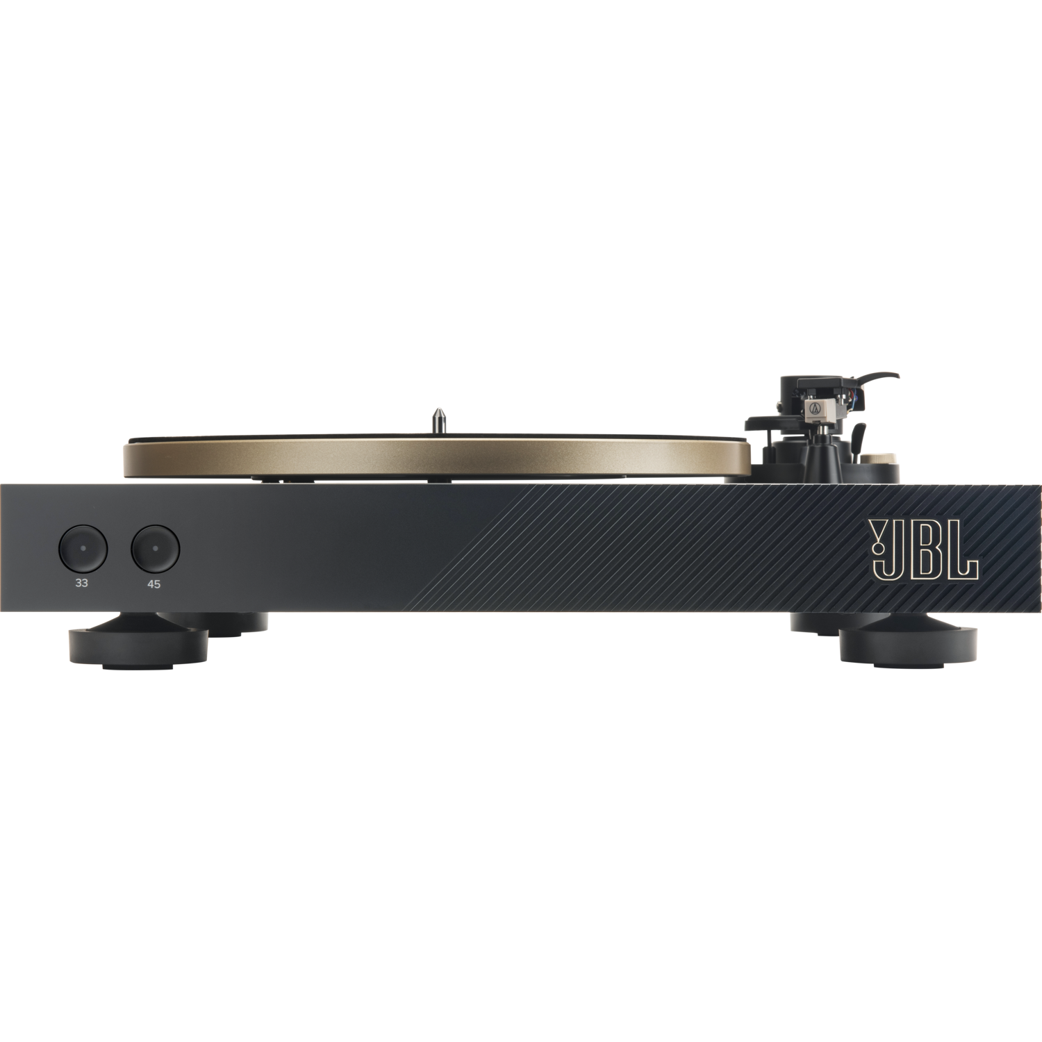 A black JBL turntable with a brown record on it, side view. JBL logo visible.