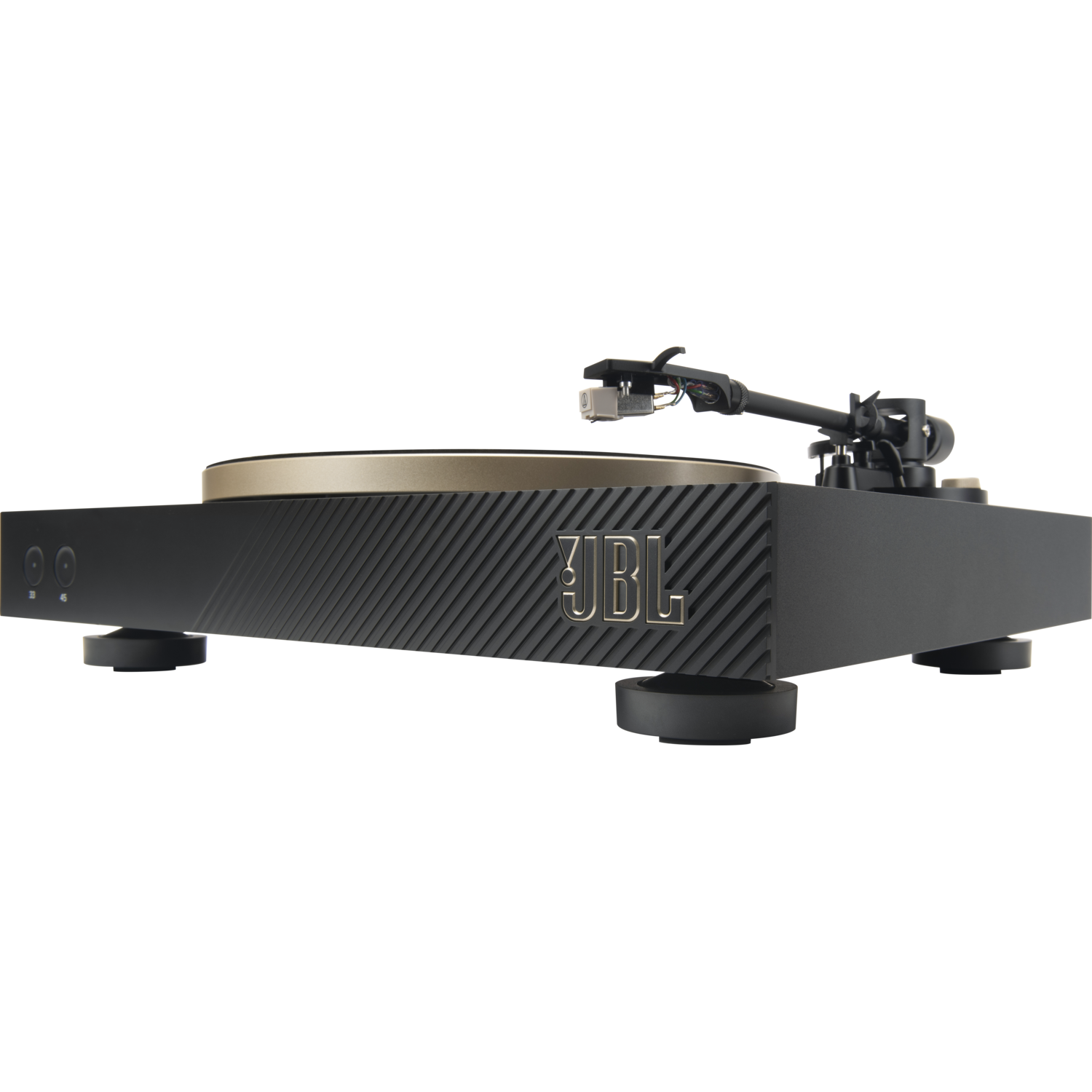 Black JBL turntable with gold accents, side view, on a black background.