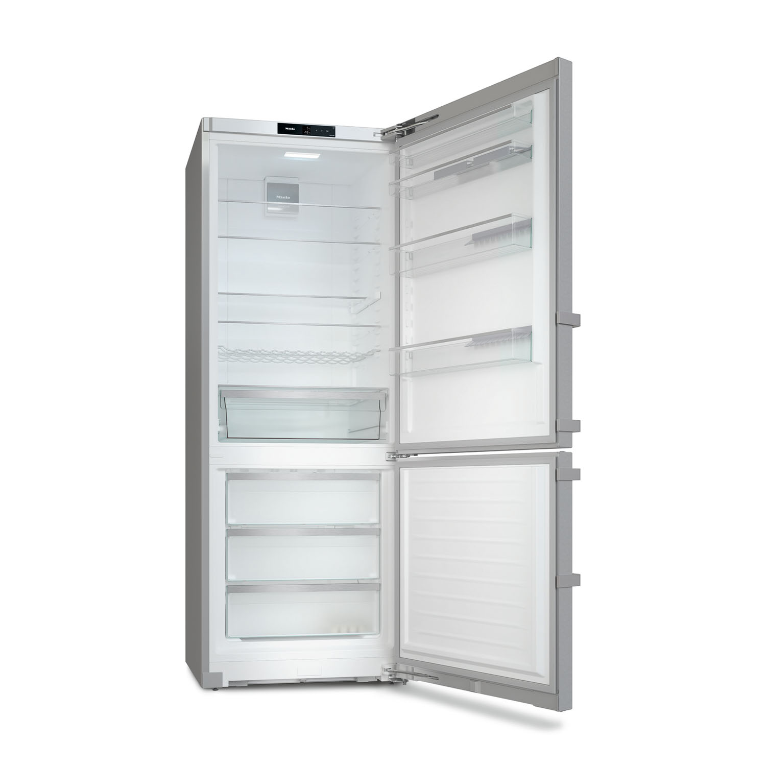 Frigorifero in acciaio inossidabile aperto con due porte. L'interno è ben illuminato e organizzato.