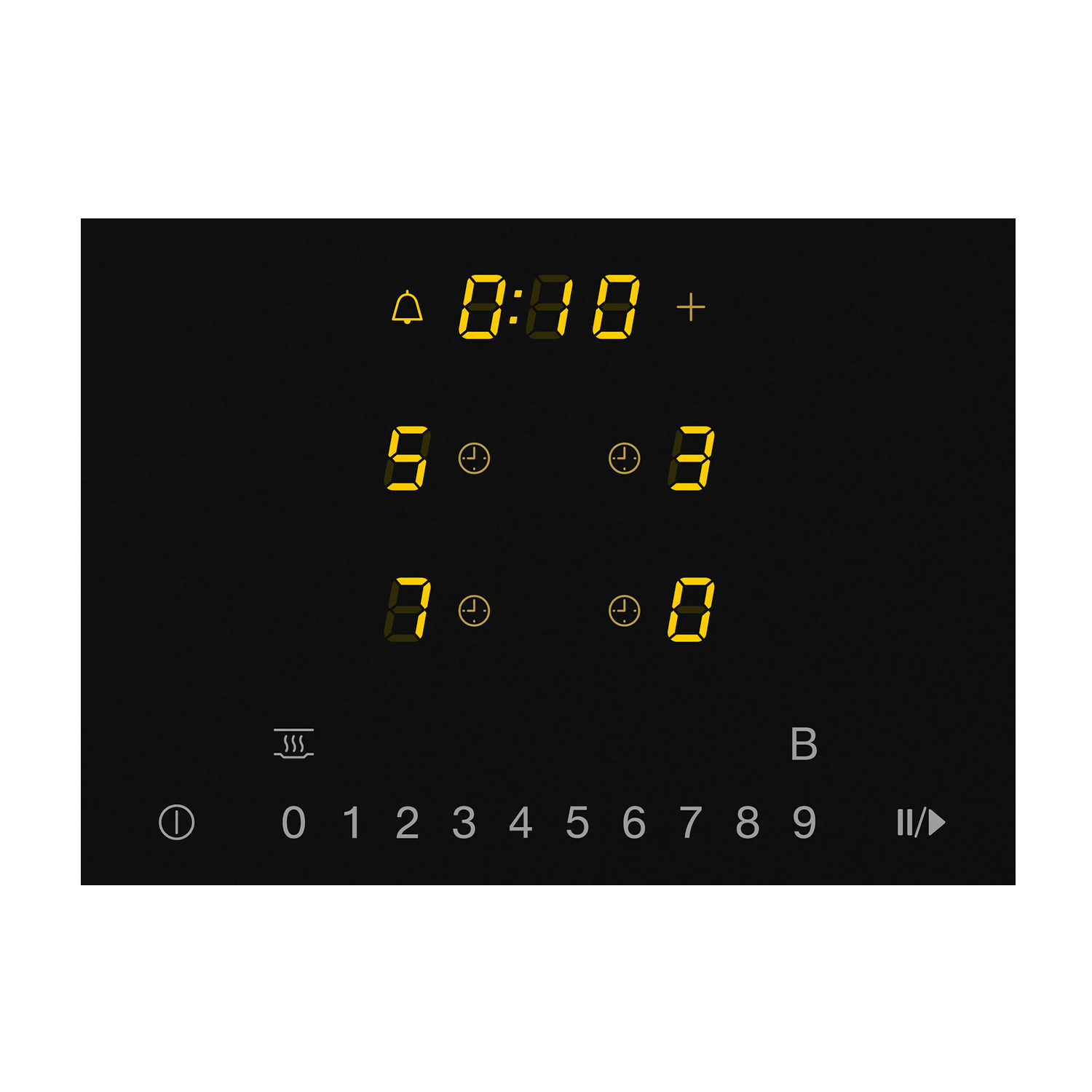 Pannello di controllo forno nero con display digitale giallo e pulsanti numerati, su nero.
