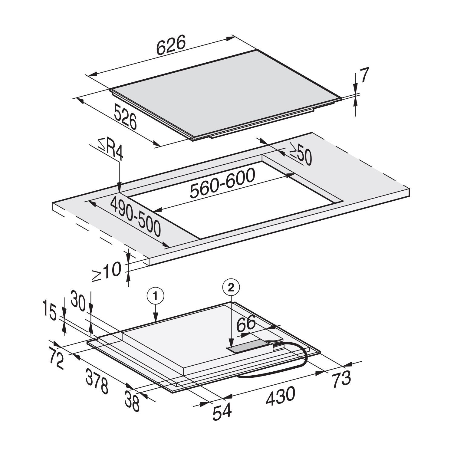 Diagramma che mostra le misure di un piano cottura a induzione rettangolare e le sue dimensioni di ritaglio.