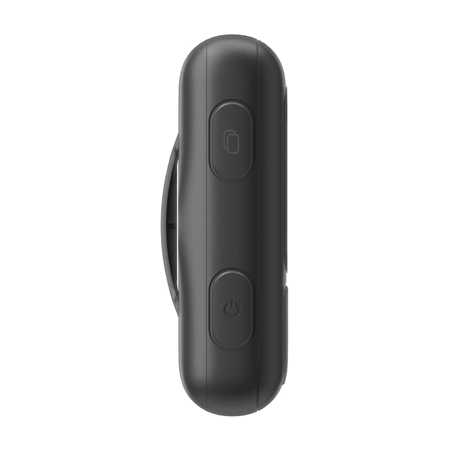 Dispositivo nero con due pulsanti e una clip su sfondo bianco.