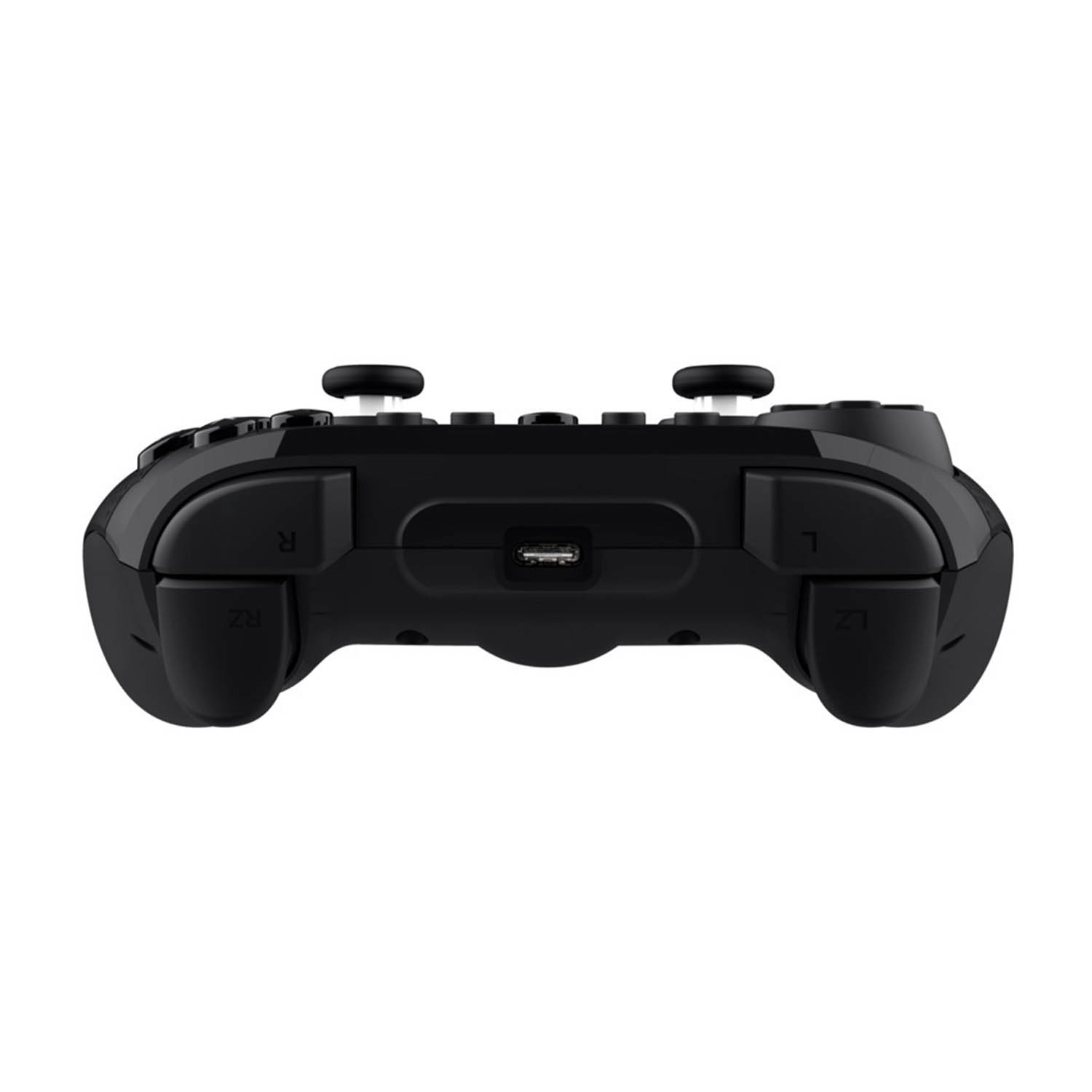 Vista frontale di un controller nero che mostra i pulsanti superiori e una porta di ricarica centrale.