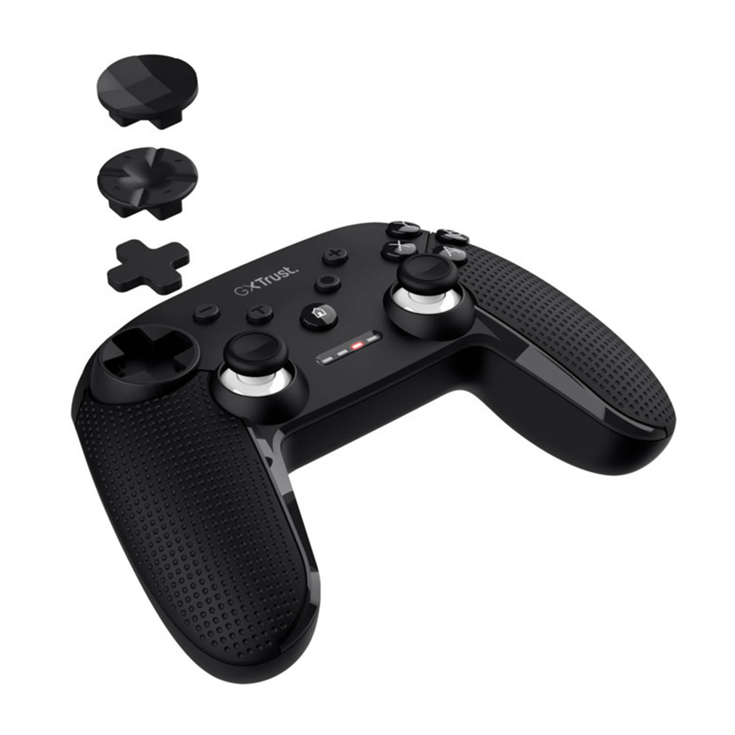 Controller di gioco nero con impugnature strutturate e tre accessori D-pad intercambiabili.