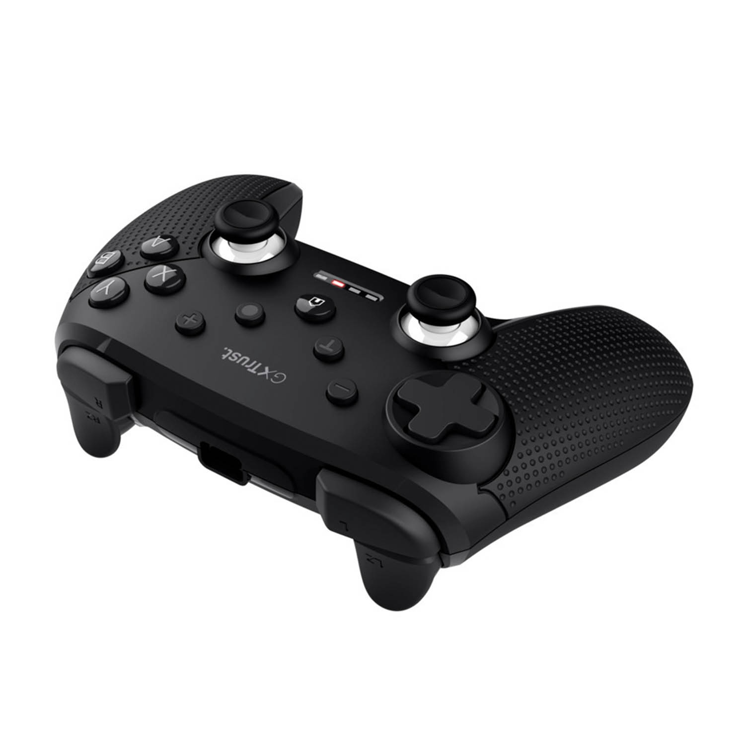 Controller di gioco GXT nero con impugnature strutturate, levette analogiche, pulsanti e D-pad su sfondo bianco.