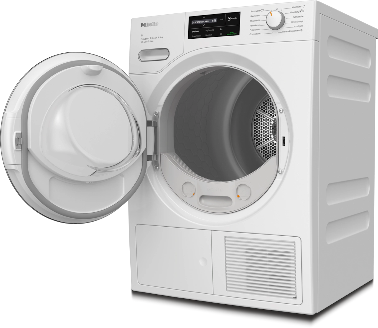 Kapısı açık beyaz bir Miele kurutucu, içini gösteriyor.