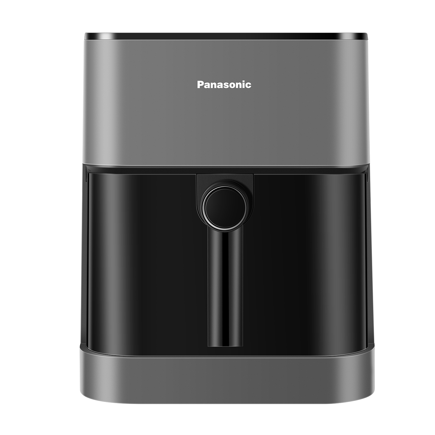Una friggitrice ad aria Panasonic nera e grigia. Ha una maniglia e il marchio è in alto.