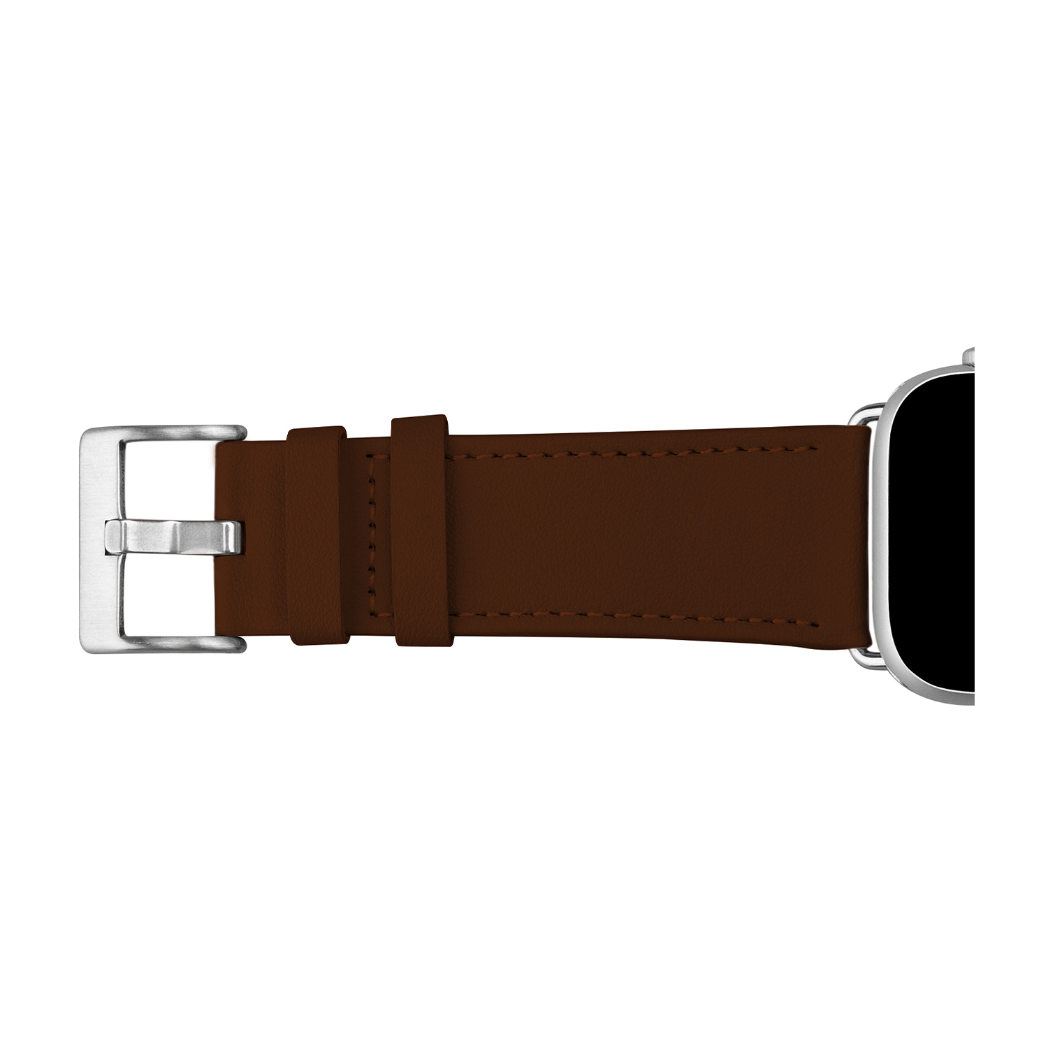 Cinturino in pelle marrone con fibbia argentata. Dettagli del cinturino e bordo dell'orologio visibili.