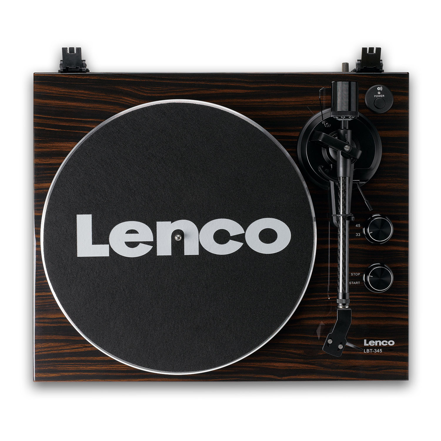 Vista dall'alto di un giradischi Lenco con finitura in legno scuro e componenti neri.