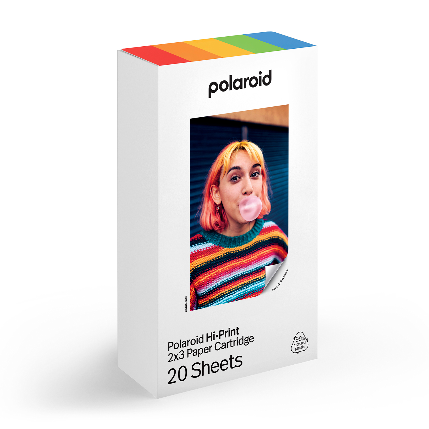 Scatola di cartucce di carta Polaroid Hi-Print, con foto di una donna con i capelli rosa.