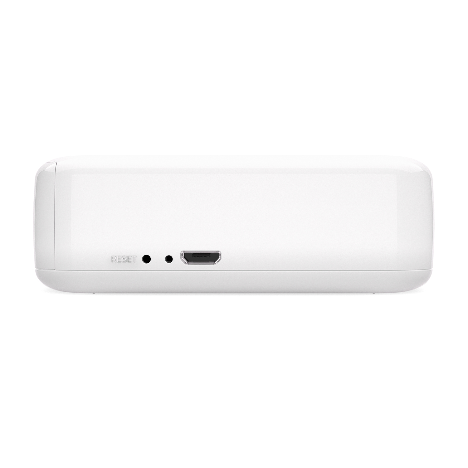 Dispositivo rettangolare bianco con pulsante di reset e porta.