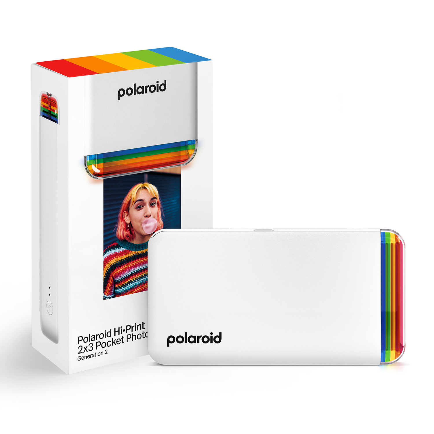 Una stampante Polaroid Hi-Print 2x3 Pocket Photo bianca con scatola e foto.