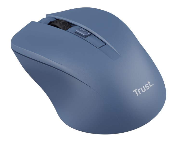 Niebieska mysz bezprzewodowa Trust, widziana z góry, na białym tle.