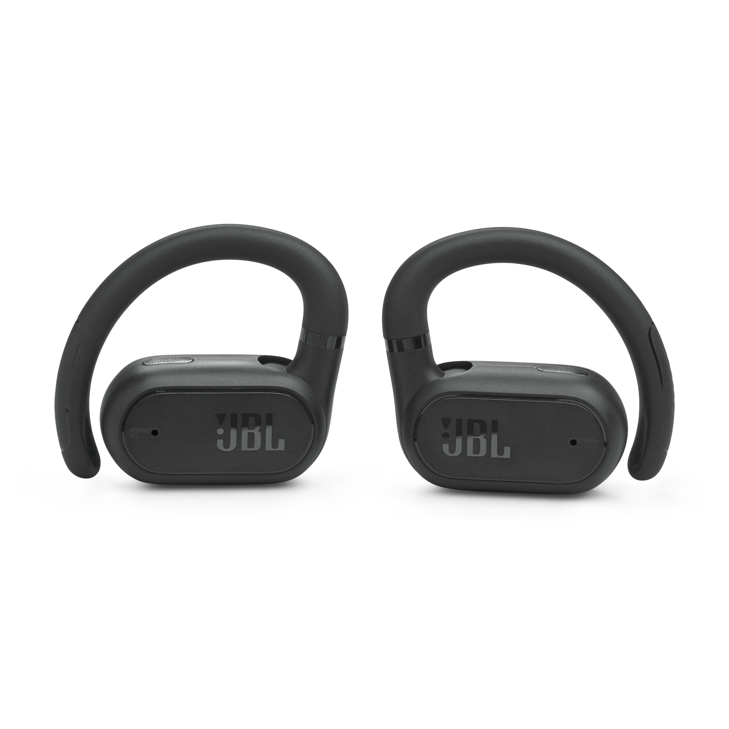 Two black JBL wireless earbuds. Each has a curved ear hook and the JBL logo visible.