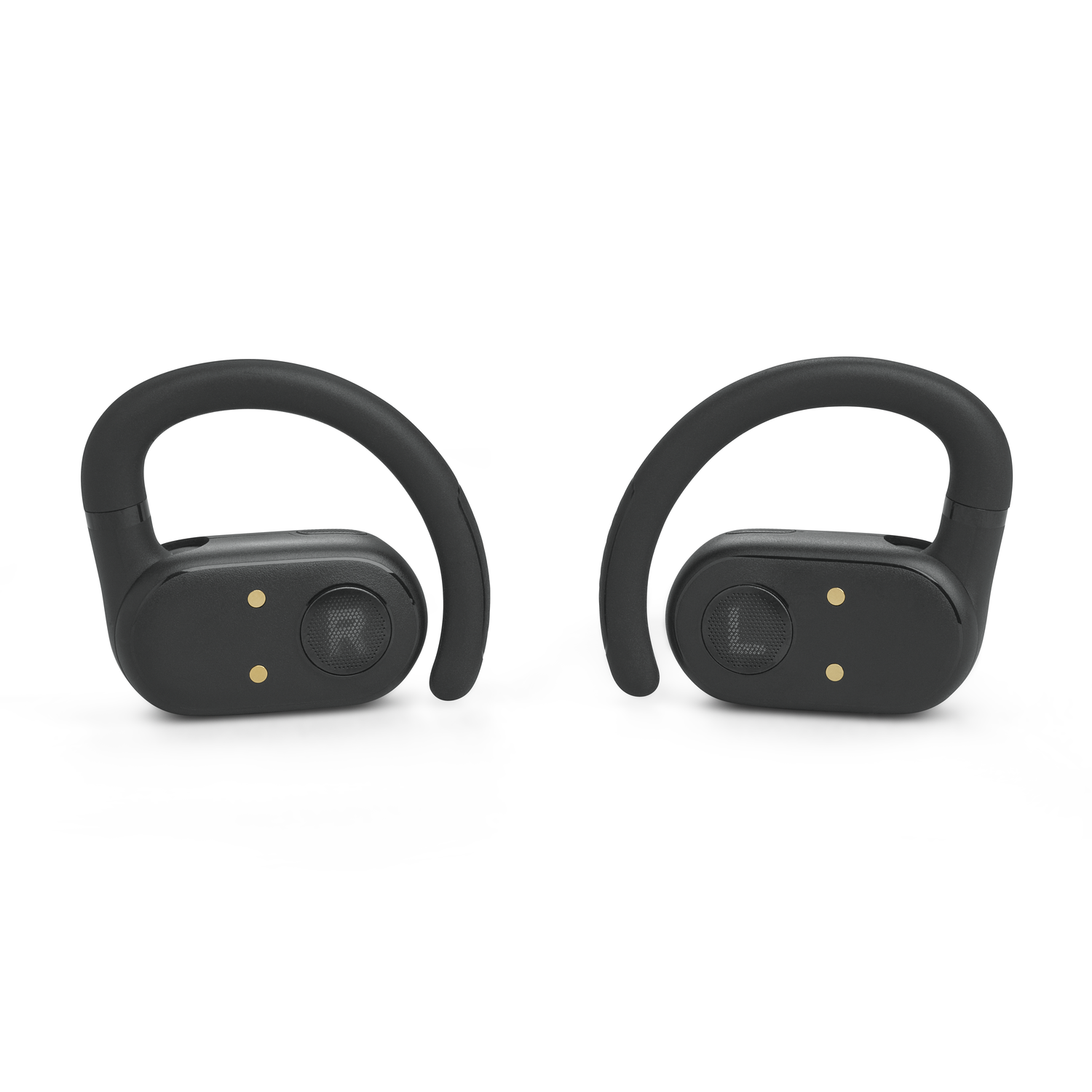 Two black wireless earbuds with ear hooks, angled slightly, on a white background.