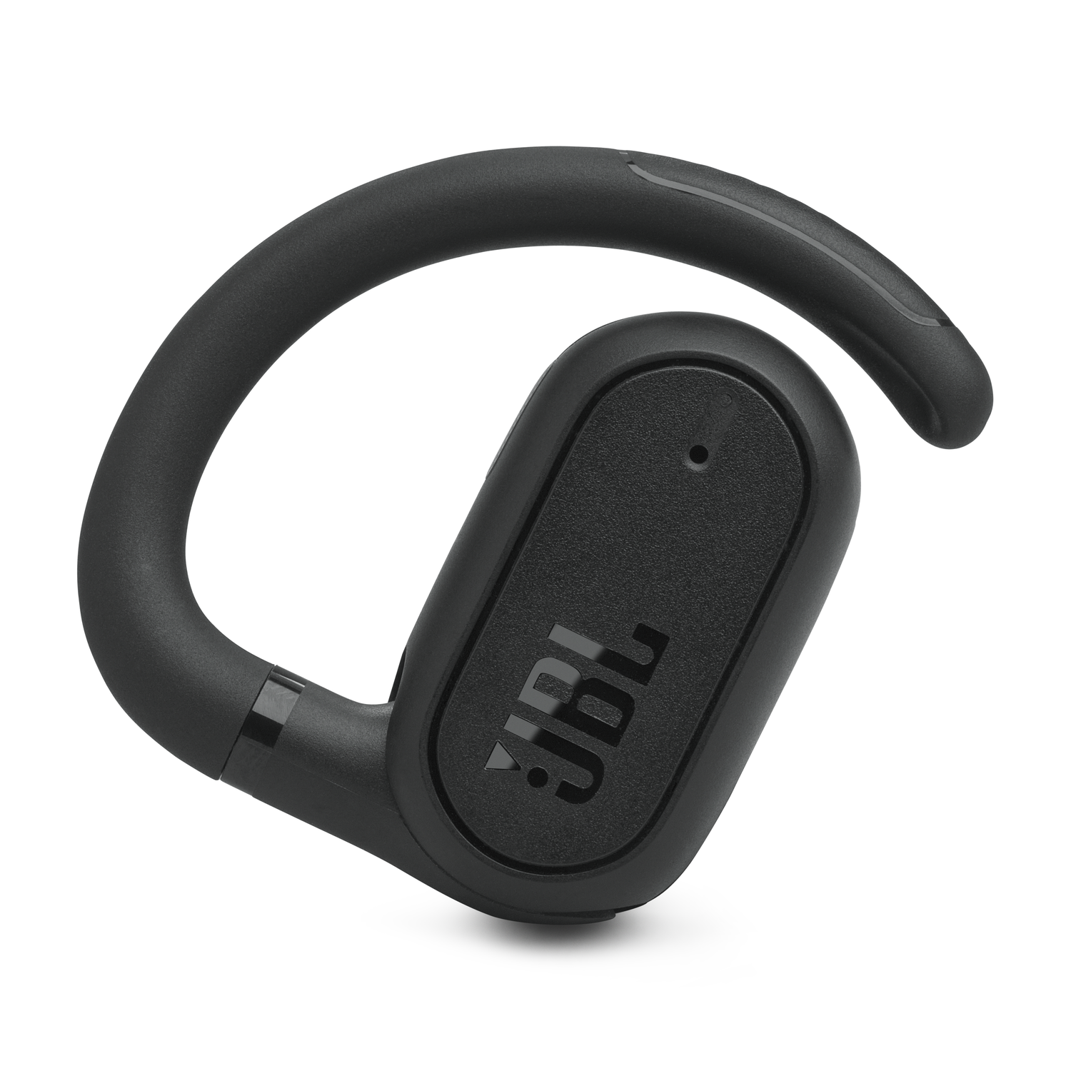 Black JBL earbuds with ear hook. Earbud angled to show Jbl logo. White background.