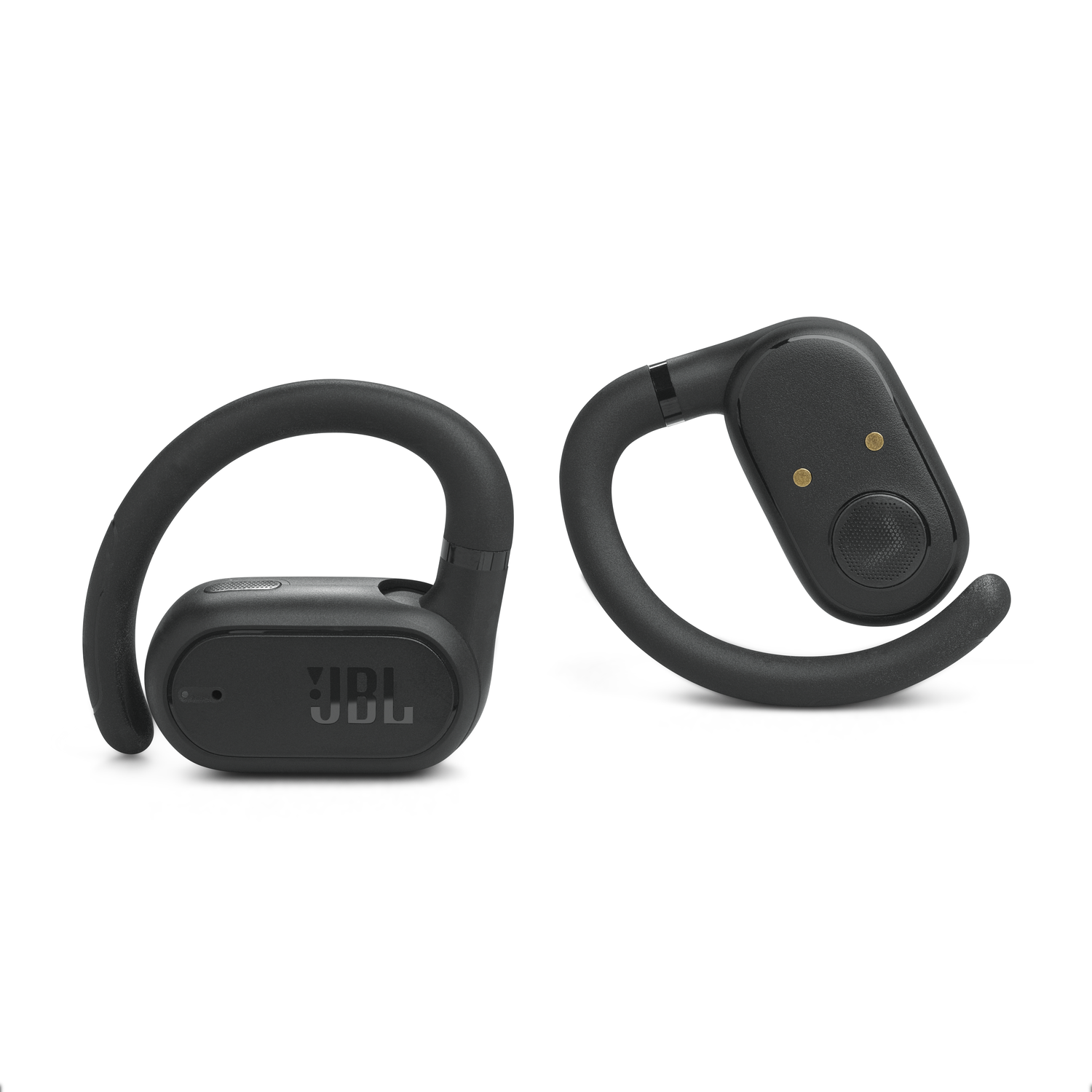 Two black JBL earbuds. They have a loop design to fit around the ear. The charging case is not visible.