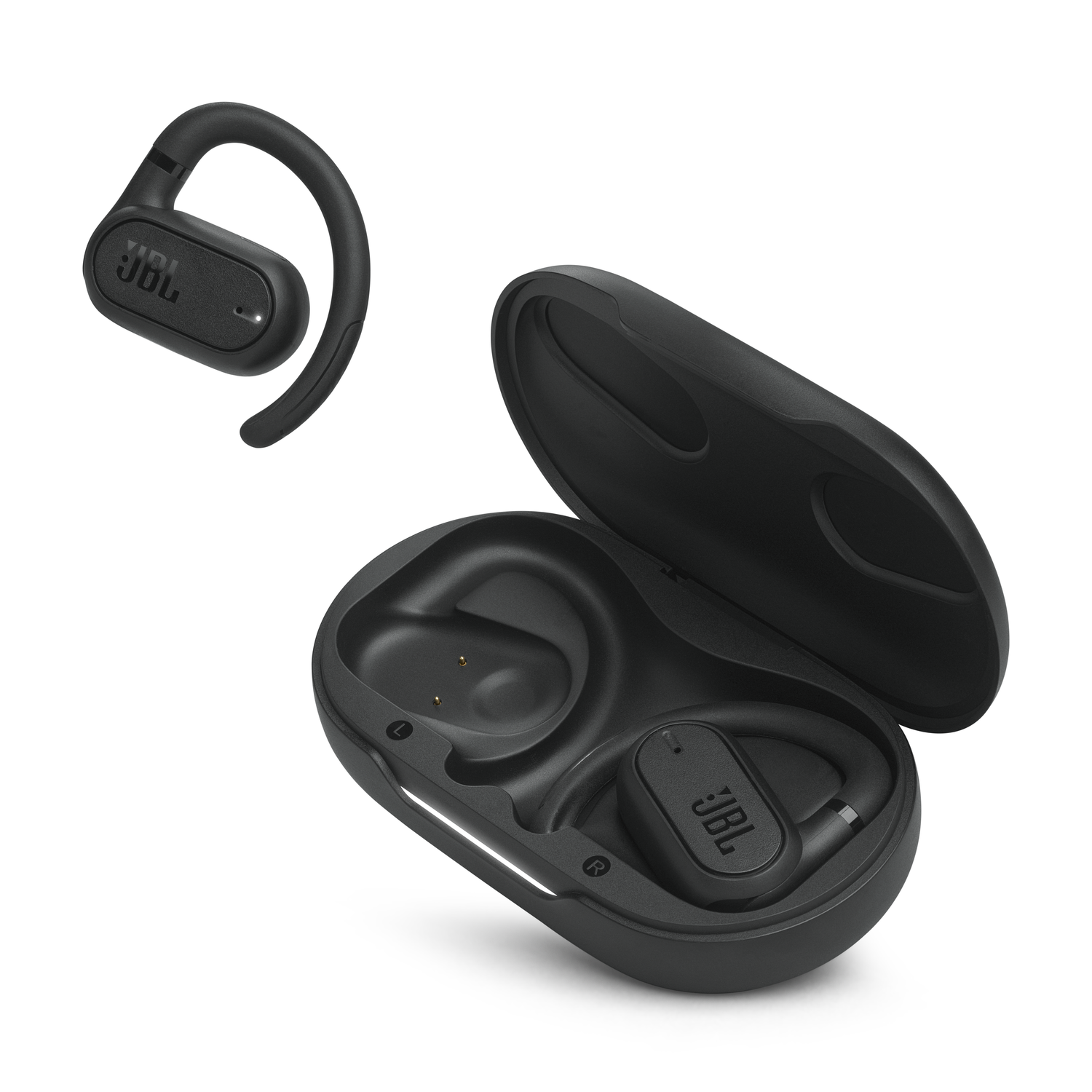 JBL earbuds and charging case. Black, with the earbuds in the case and separate.