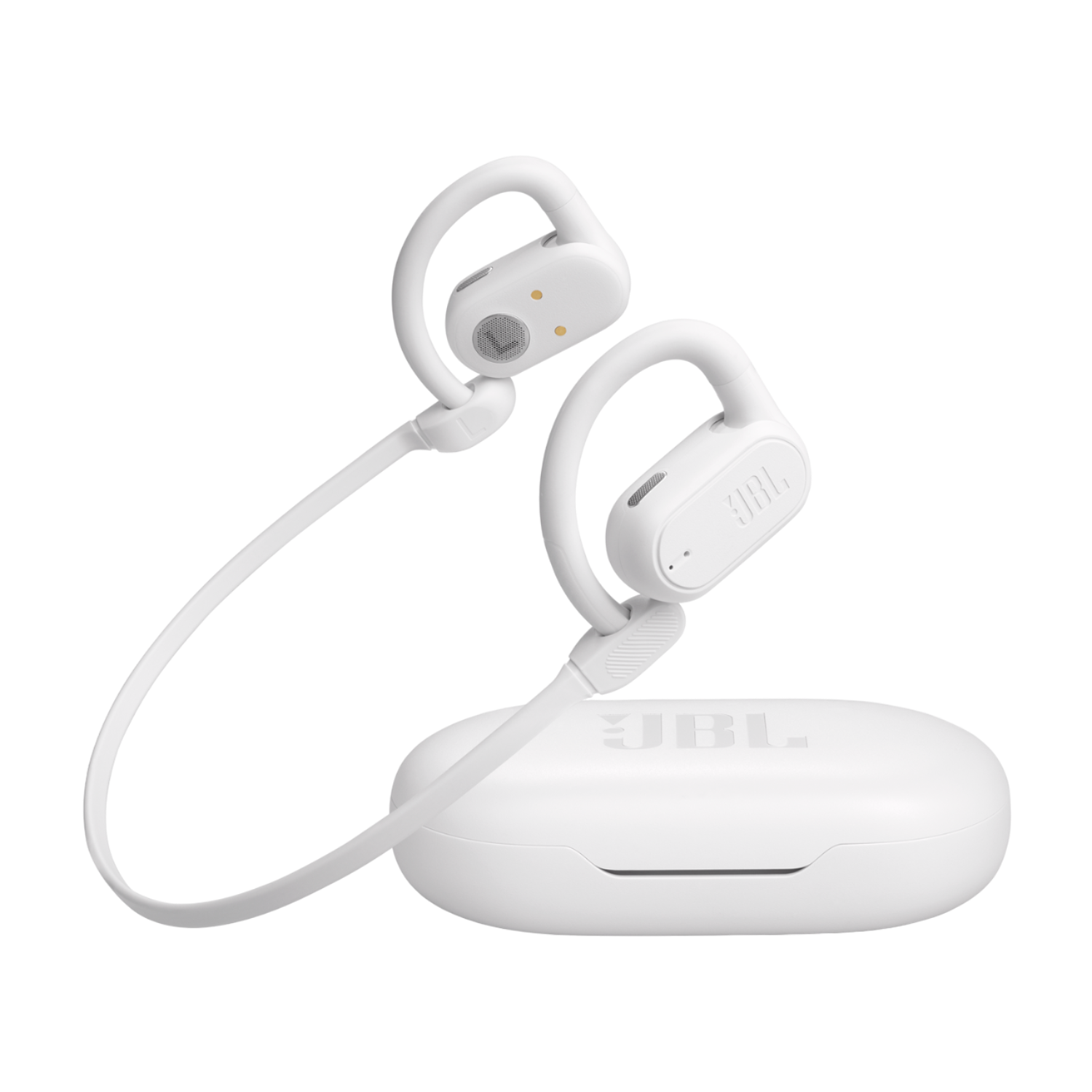 White JBL wireless earbuds with a white charging case. Earbuds have ear hooks.