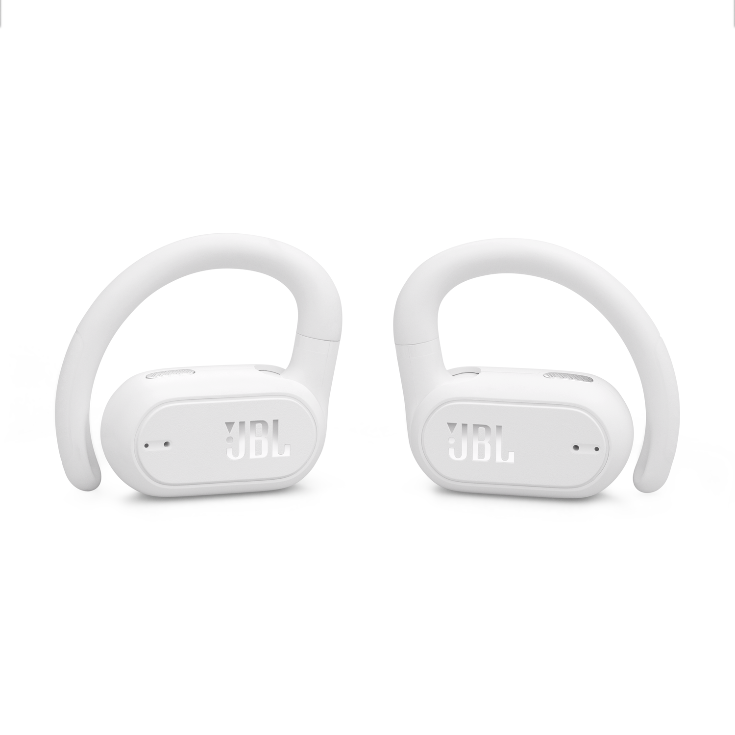 White, wireless earbuds. The JBL brand is visible.