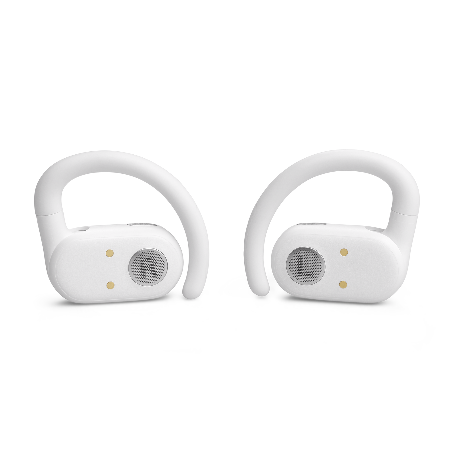 Two white wireless earbuds with ear hooks, on a white background.