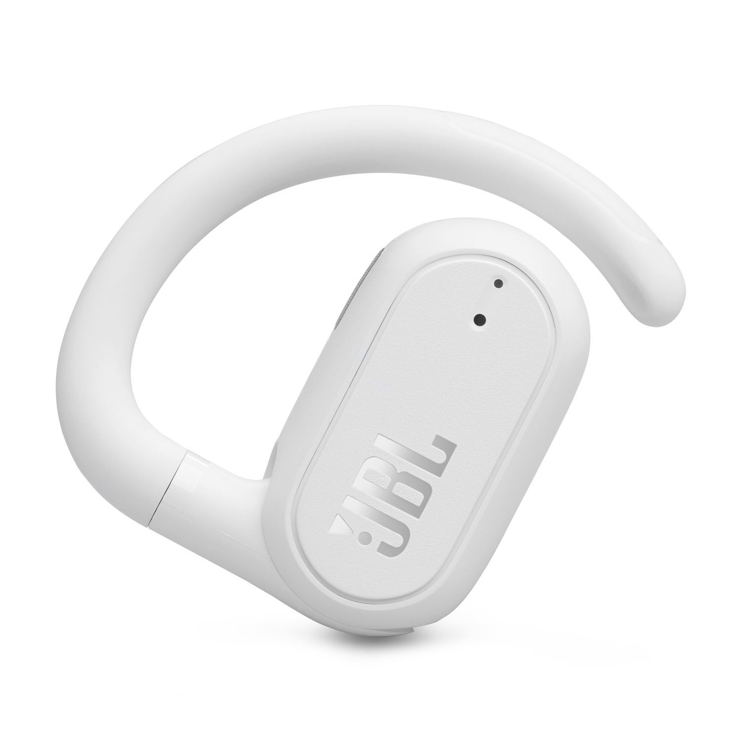 Single white JBL earbud with a curved, ear-hook design. The JBL logo is visible.