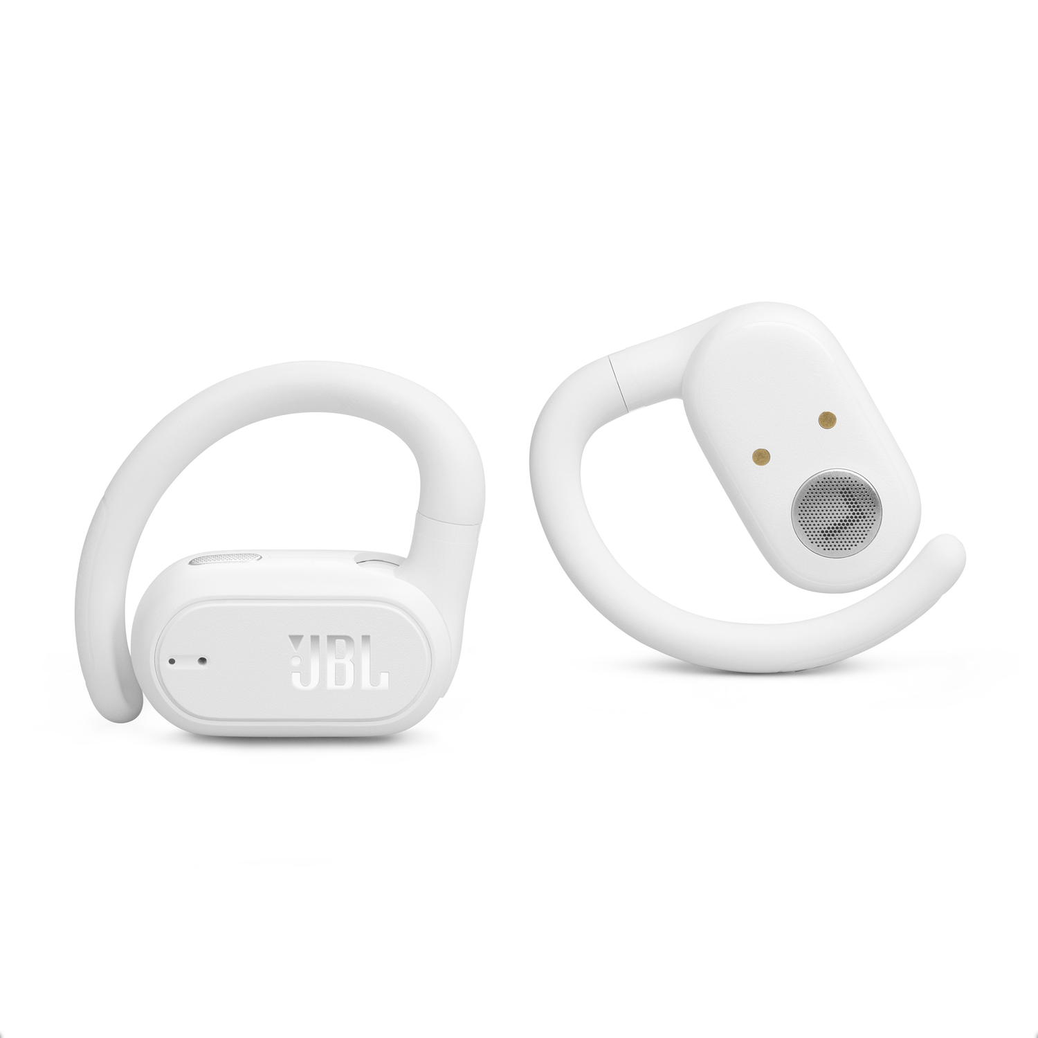 Two white JBL wireless earbuds, each with a curved ear hook and a speaker section.