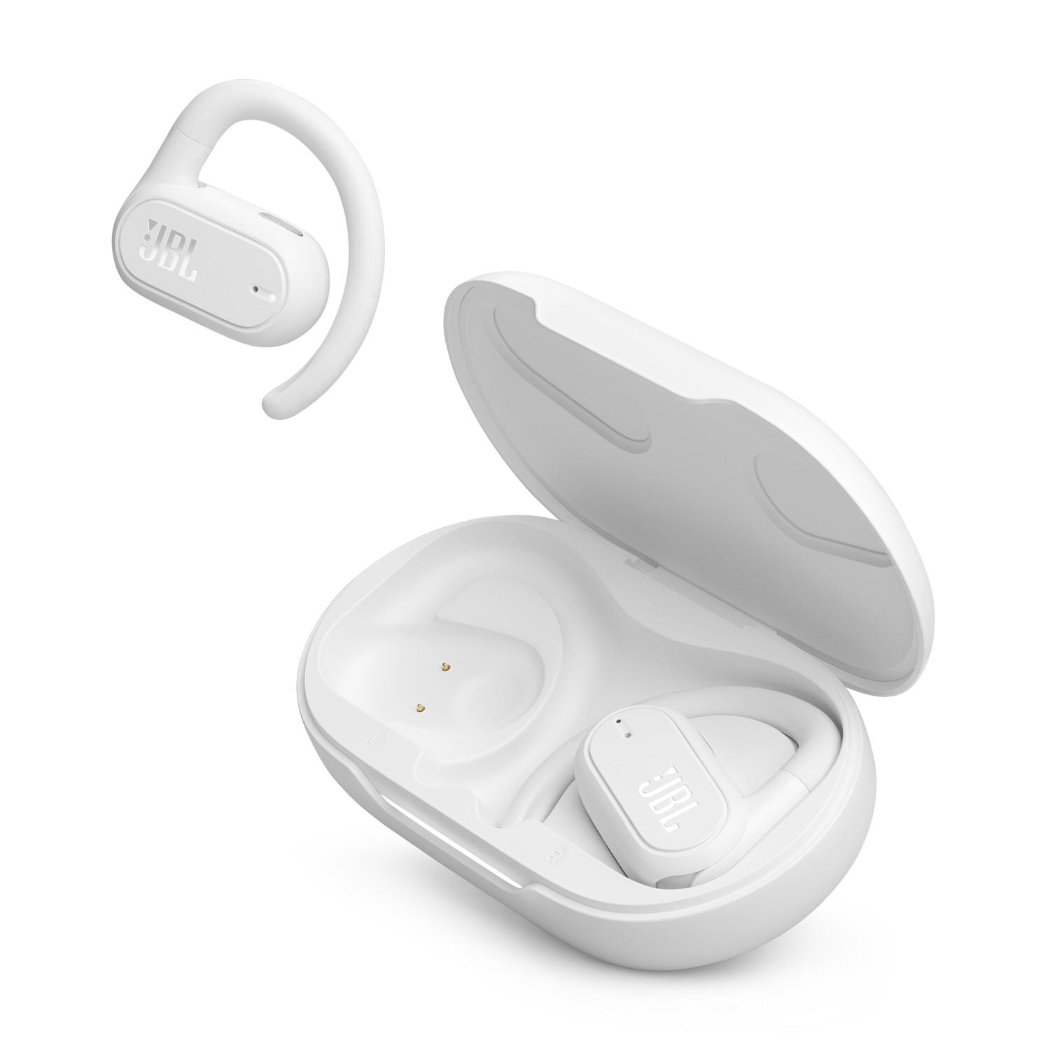 White wireless earbuds in their open charging case.