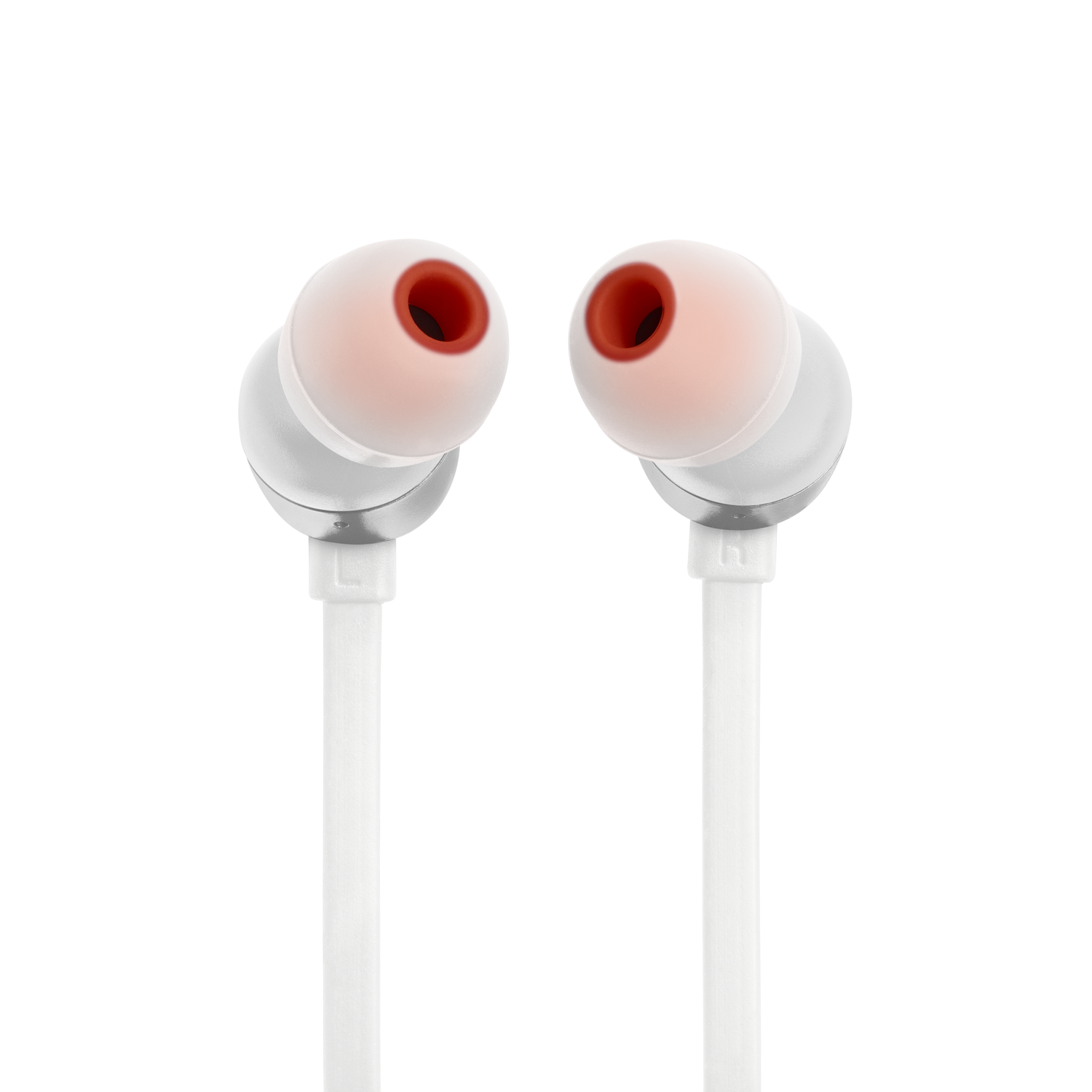 White and orange earbuds. The earbuds are connected by a white cable.