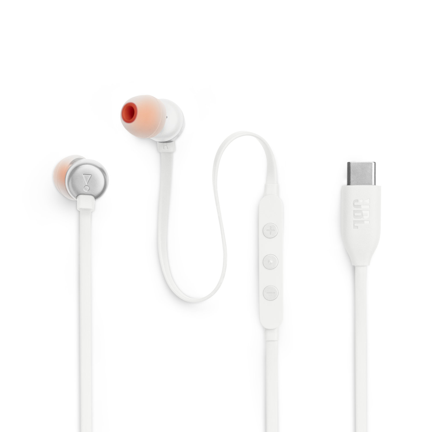 White JBL earbuds with orange accents, connected to a USB-C cable.