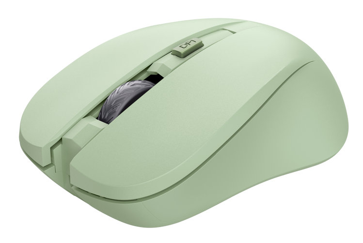 Jasnozielona mysz komputerowa. Pokazuje kółko przewijania i przycisk DPI.