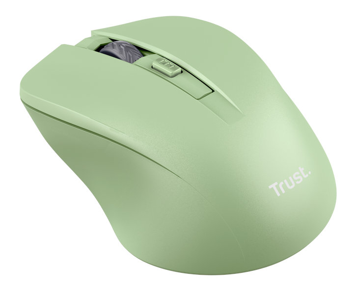 Zielona mysz bezprzewodowa. Ma kółko przewijania i przyciski. Widoczna jest nazwa marki 'Trust'.