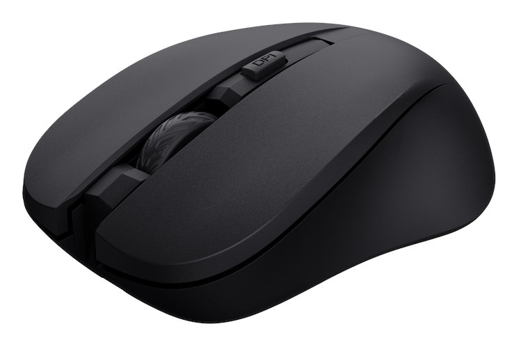 Czarna bezprzewodowa mysz komputerowa z kółkiem przewijania i przyciskiem DPI. Białe tło.