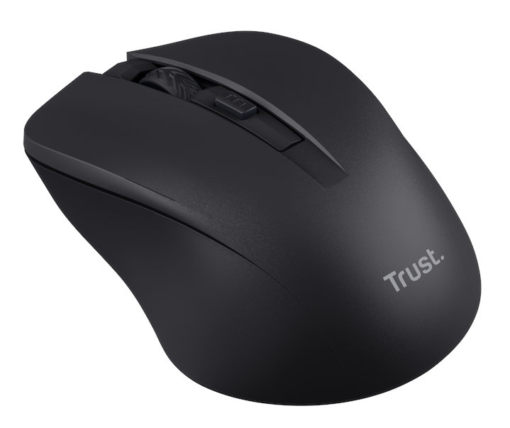 Czarna bezprzewodowa mysz komputerowa. Ma kółko przewijania i przyciski na górze oraz logo Trust.