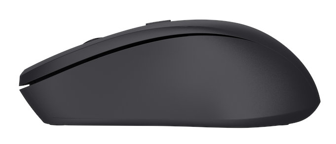 Czarna mysz o zakrzywionym kształcie. Widok to profil boczny. Mysz jest na białym tle.