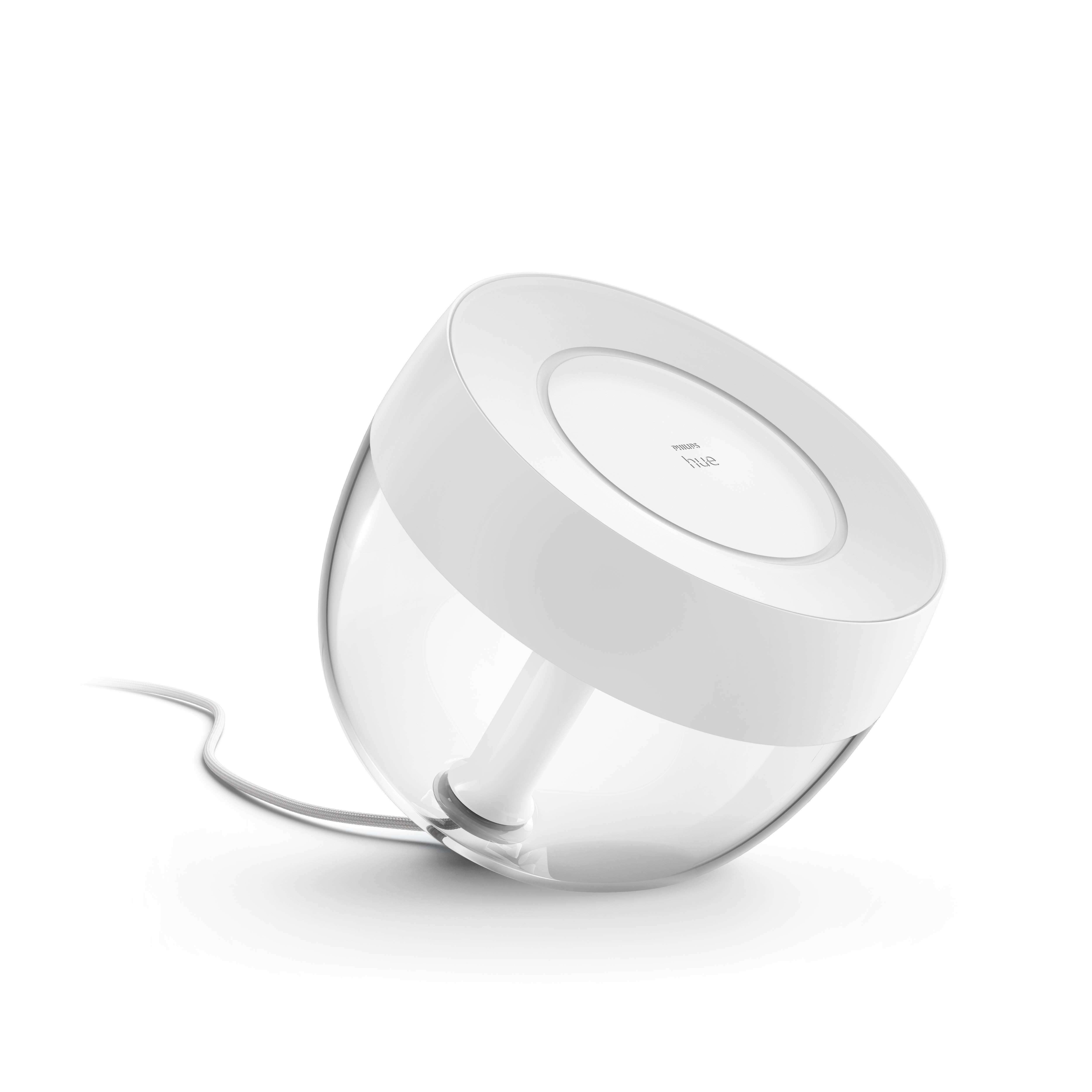 Eine weiße, kugelförmige Lampe mit transparentem Bereich und Netzkabel.