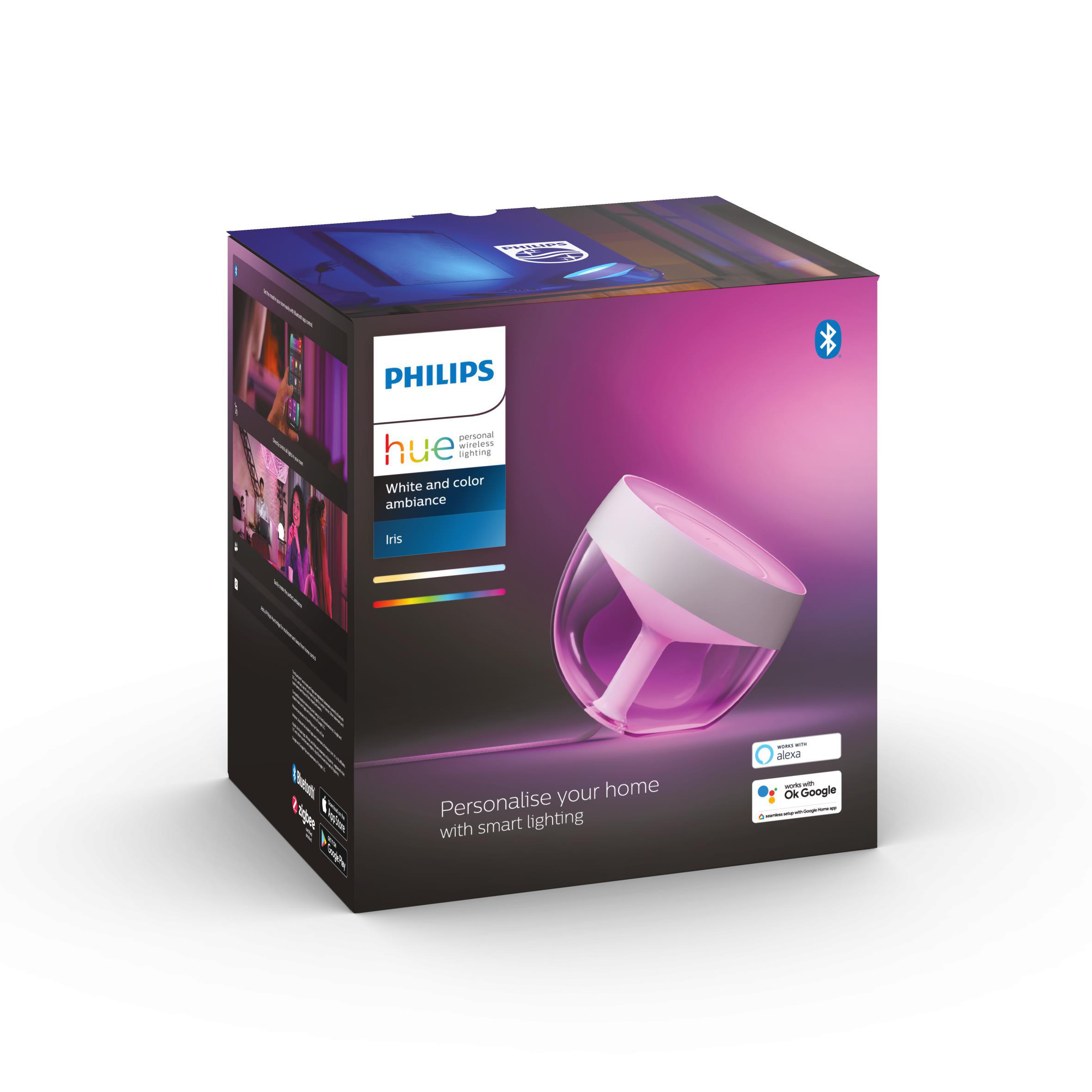 Box mit Philips Hue Iris Lampe. Rosa und weiß, mit Smart-Lighting-Details.