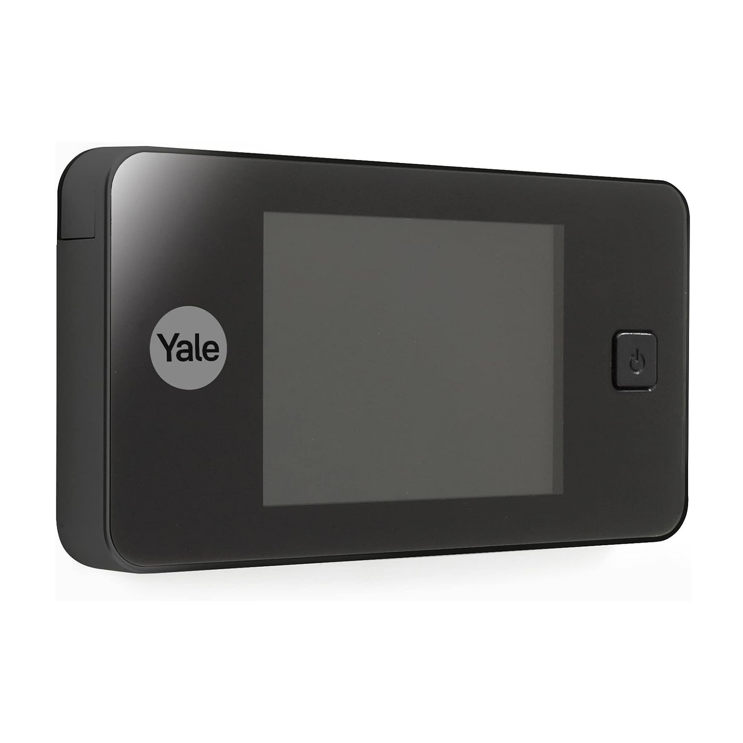 Spioncino intelligente Yale nero con schermo, logo Yale e pulsante di accensione.