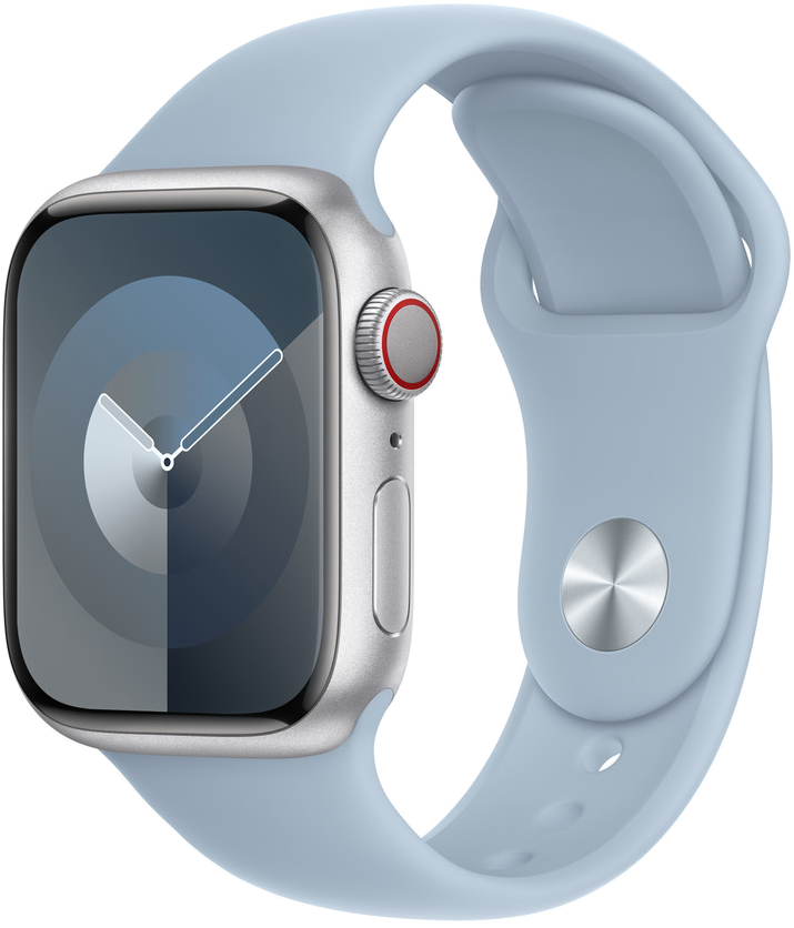 Ezüst Apple Watch világoskék szíjjal. Az óralap egy óra dizájnt mutat.