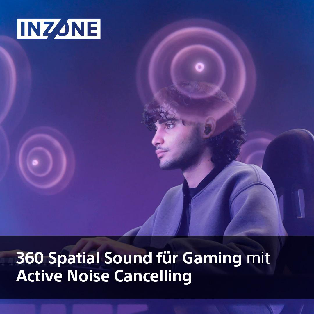 Junger Mann spielt mit Kopfhörern, umgeben von lila Lichteffekten.