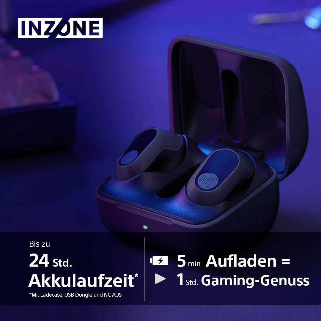 Ohrhörer im Ladecase mit Text zu Ladezeit und Akkulaufzeit.