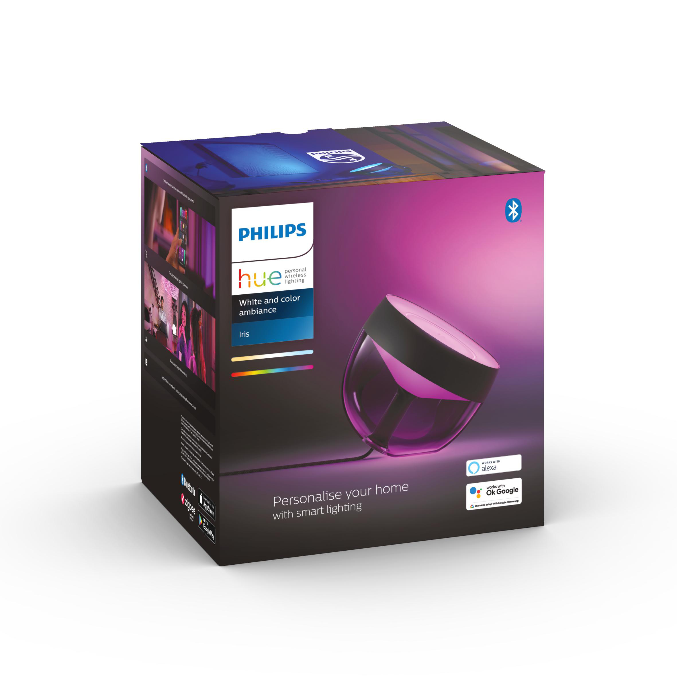 Eine Schachtel mit einem Philips Hue Smart Light. Es zeigt den Produktnamen und einige seiner Funktionen.