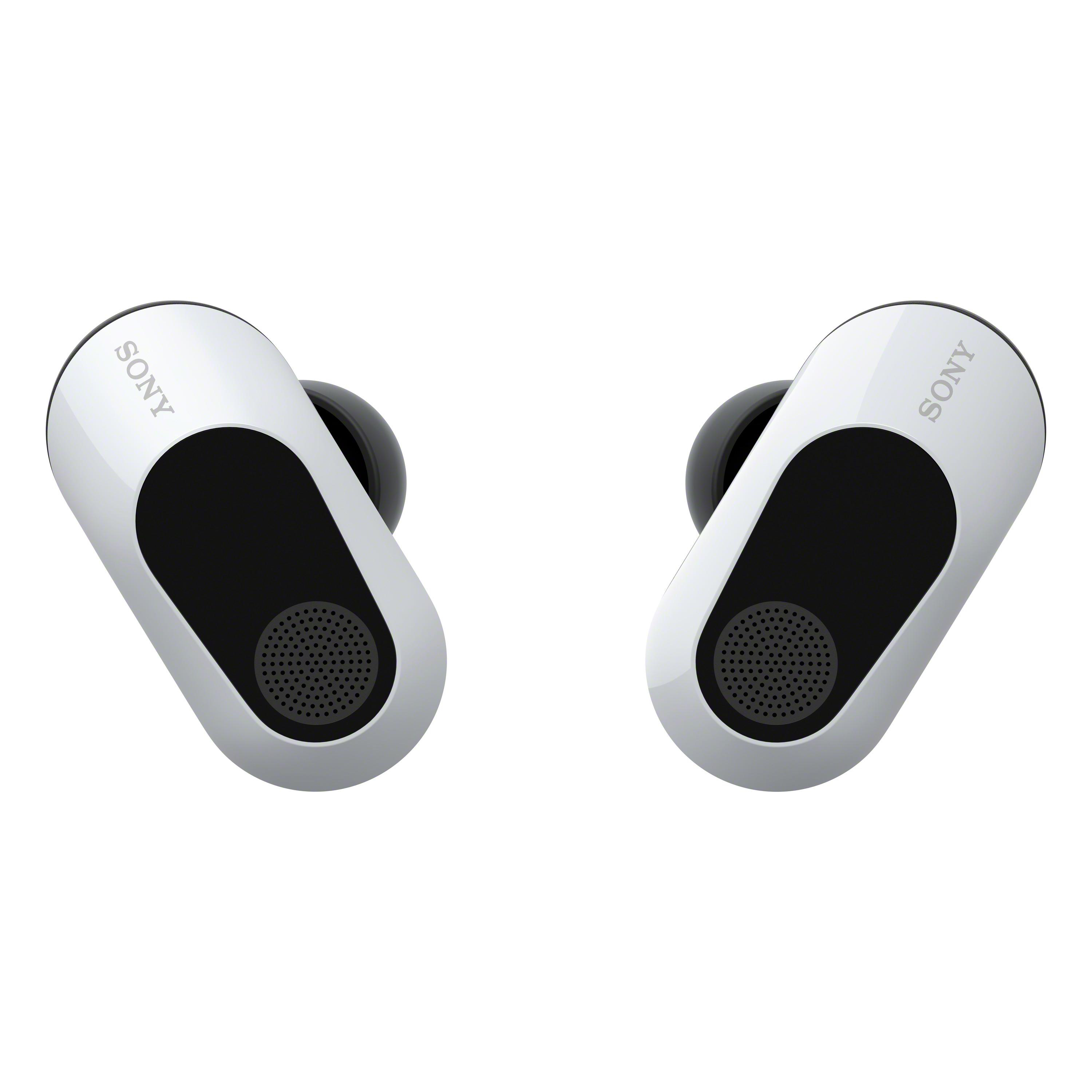 Zwei weiße und schwarze Sony-Ohrhörer mit dem Sony-Logo darauf.
