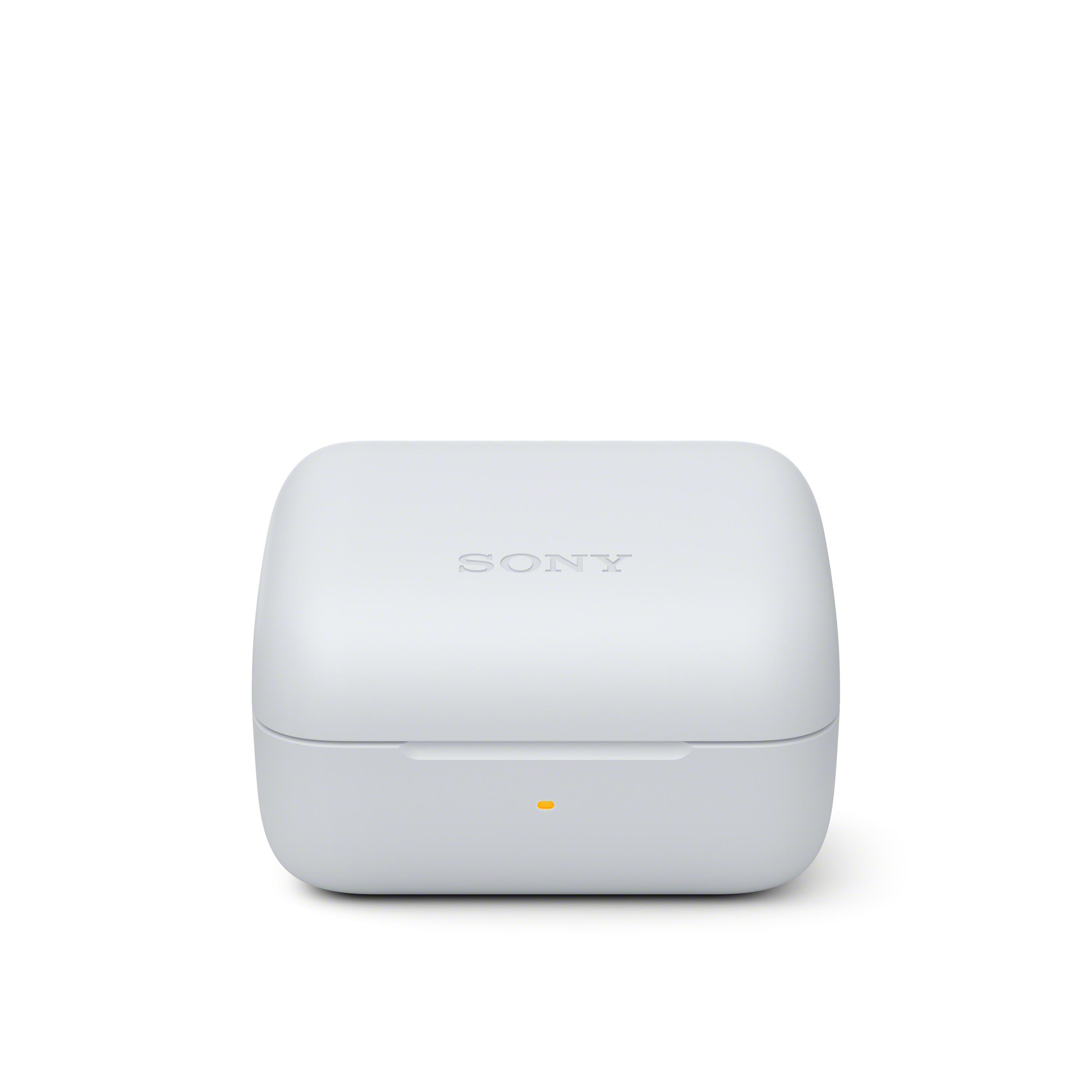 Weißes Sony-Ohrhörer-Ladecase mit gelber LED.