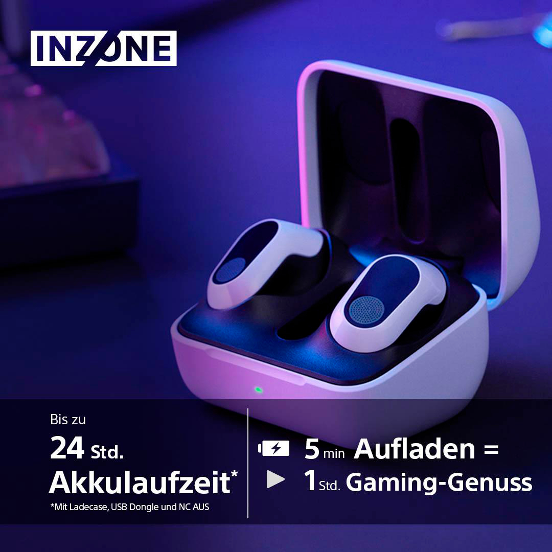 Ohrhörer in einem Ladekoffer, mit Text, der 24 Stunden Akku anzeigt, 5 Minuten Aufladen entspricht 1 Stunde Gaming.