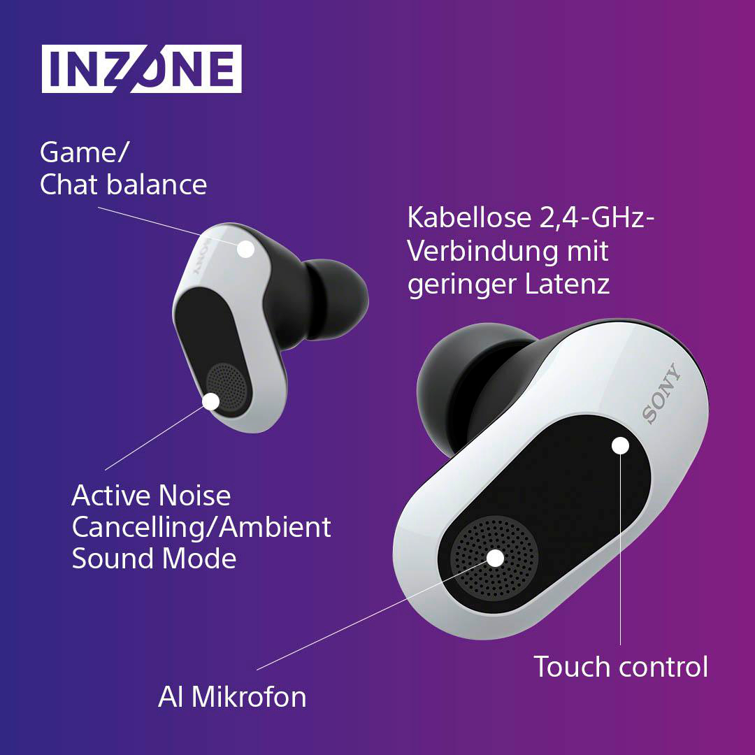 Sony INZONE Ohrhörer, schwarz-weißes Design, Produktinformationen.