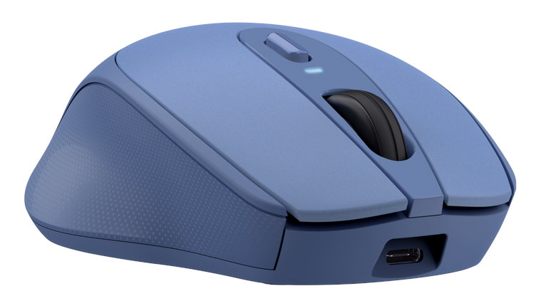 Niebieska mysz bezprzewodowa z czarnym kółkiem przewijania i portem USB-C, na białym tle.
